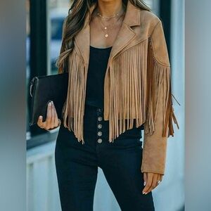 NWT NEW Chartou Cropped Tassel Fringe Faux Suede Moto Jacket